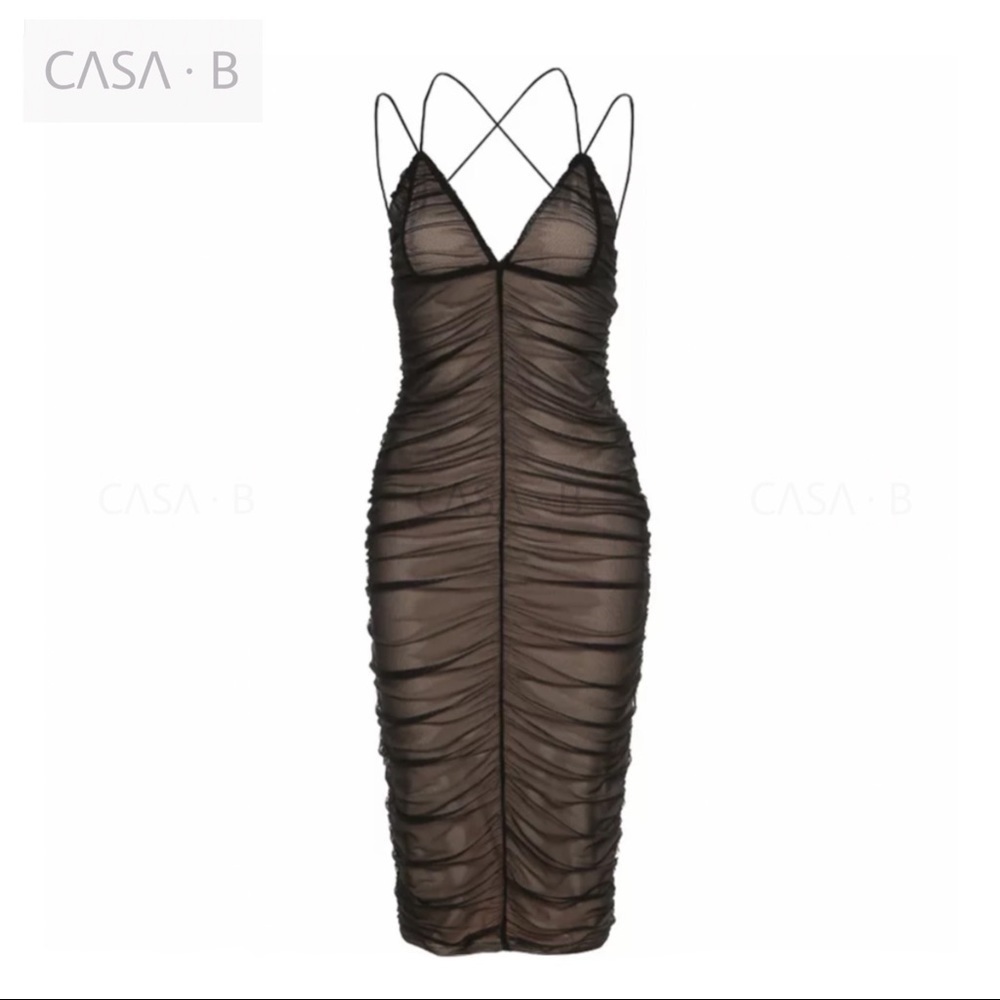 5⭐️CASA B| Sicily Black Mesh Ruched Bodycon Midi Dress